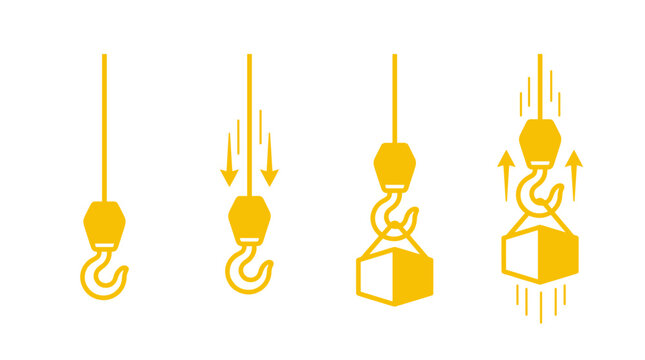 Set of four yellow line icons depicting a hook with a weight lifting process