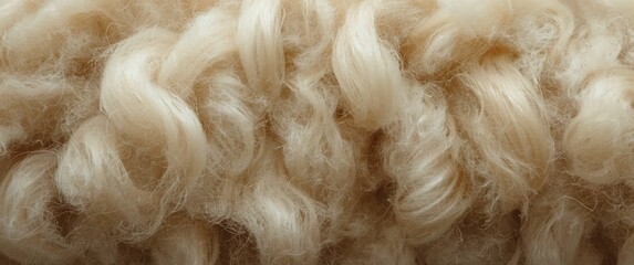 Fototapeta premium Close-up of soft, curled cream-colored wool fibers