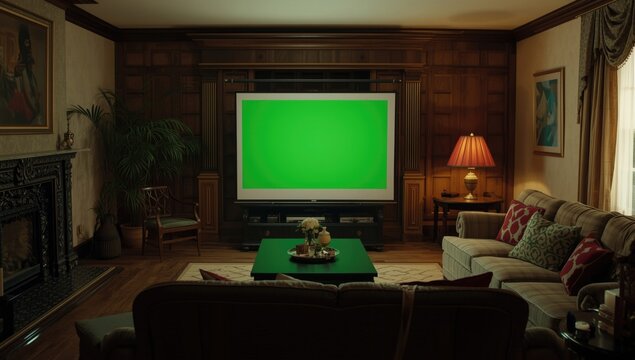 Retro style 1990s TV showing a green screen inside a classic living room interior