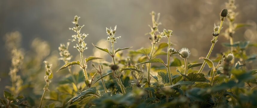 Soft green foliage of dioecious nettle plant highlighted by blooming catkins