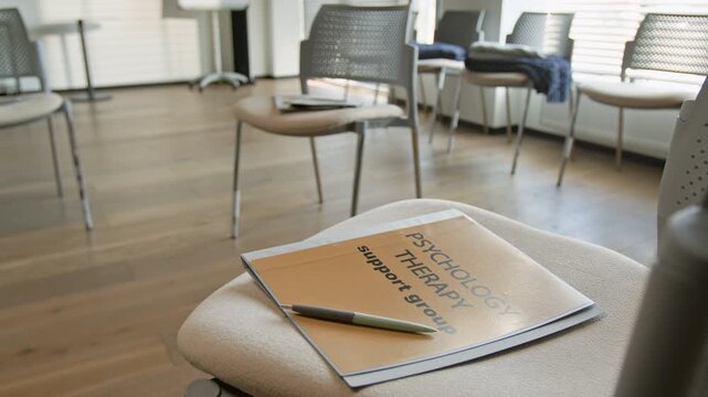 Psychology therapy support group folder lying on chair with pen in empty office. Footage for marketing mental health services, counseling clinics, or community rehabilitation programs