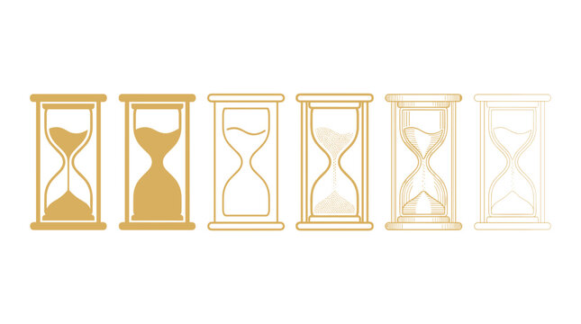A collection of six hourglass illustrations in varying styles and levels of detail, depicted with gold outlines against a white background.