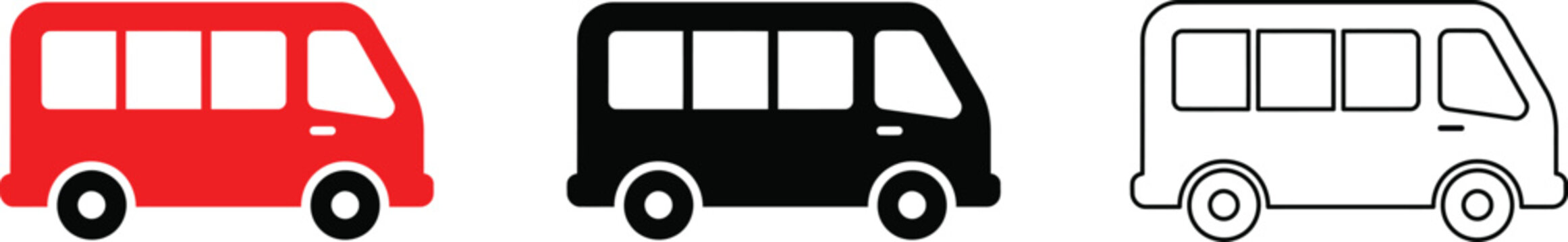 Public Transport Bus Icon Set vector illustration in Color, Black Silhouette and Outline Styles