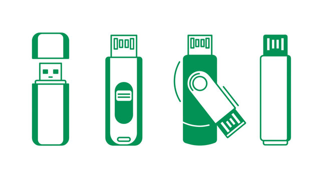 Set of four green USB flash drives with different designs and orientations