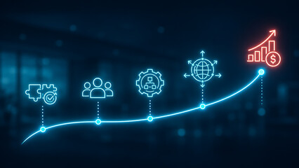 Fototapeta premium Successful financial development roadmap guiding progress from puzzle solutions and teamwork to organizational workflow and international expansion resulting in maximized corporate high revenue growth