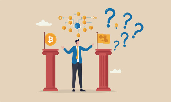 What currency technology, blockchain class and education concept, businessman expert explain blockchain technology on golden Bitcoin coin