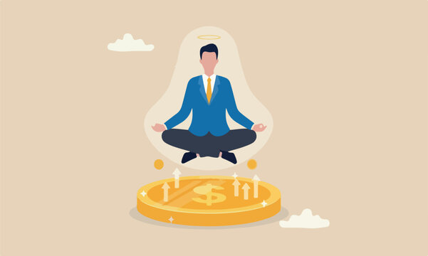 Financial guru or, behavioral finance mindfulness for wealth management, money and investment advisor concept, smart businessman meditate and floating on big golden money dollar coin