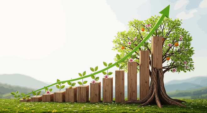 Vibrant business growth vector illustration featuring wooden bar charts transforming into a lush green fruit tree