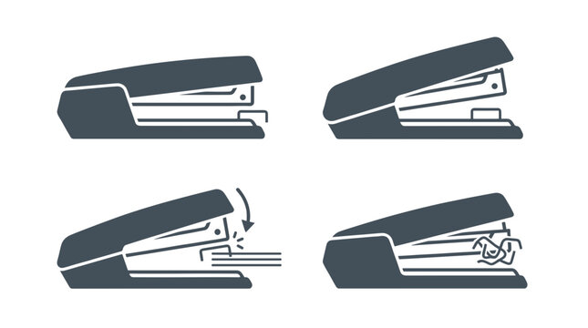 Four sequential illustrations depicting stapler usage stages from insertion to staple removal