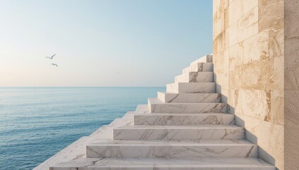 Fototapeta premium Serene view of marble stairs and stone wall leading toward peaceful ocean horizon