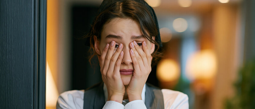  Embarrassed hotel maid covering her eyes with hands after an awkward workplace incident. Concept of hospitality training, customer privacy mistake, professional ethics, and employee stress. Panoramic