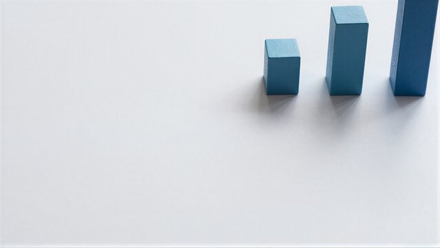 Blue blocks rise in size, symbolizing growth on a minimalist white surface.