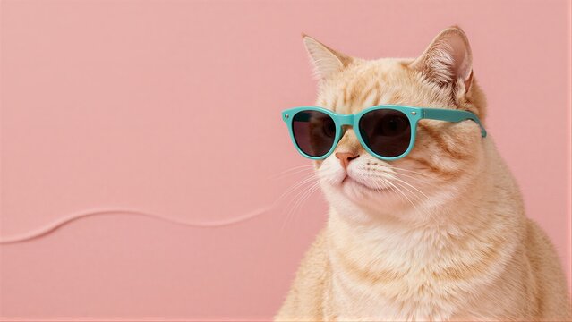 Cute cat wears teal sunglasses, poses stylishly against soft pink background.