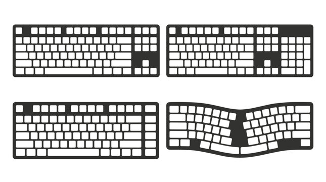 Four different styles of computer keyboards with varying layouts and designs