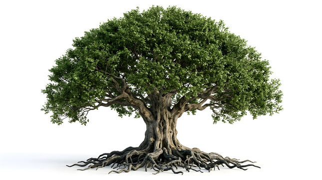 Majestic ancient banyan tree with sprawling roots, a symbol of strength and longevity, set against a clean white background, showcasing intricate natural detail
