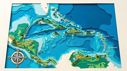 Fototapeta premium Colorful 3D Caribbean Sea Depth Map with Compass Rose