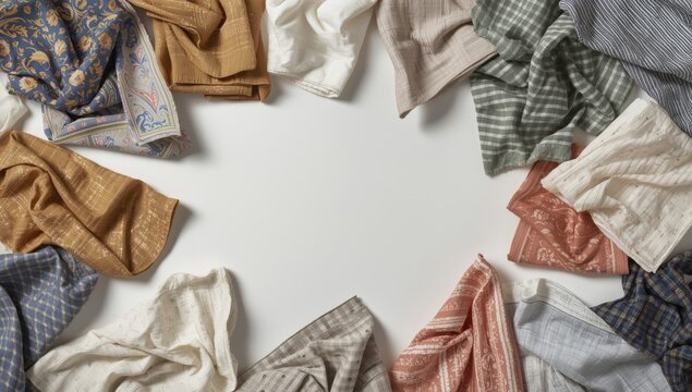 Fashion market presentation of different folded handkerchiefs in various fabrics