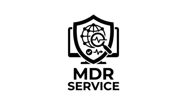 MDR Service Cybersecurity Protection Shield with Globe and Magnifying Glass on Monitor