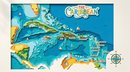 Obraz premium Colorful 3D Map of the Caribbean with Nautical Elements
