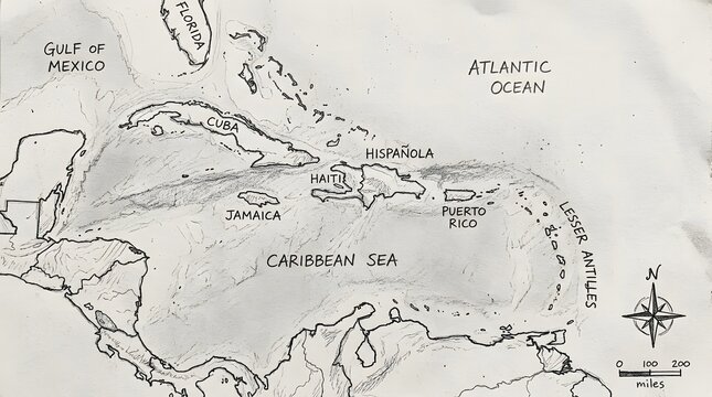 Vintage hand-drawn map of the Caribbean Sea region with islands