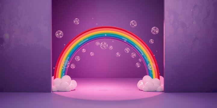 Colorful rainbow arch with bubbles in a purple room