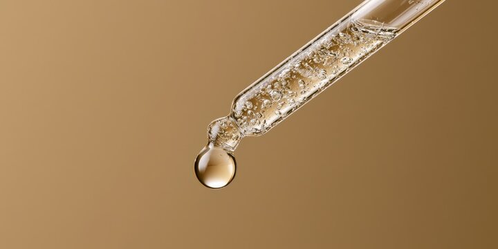 Droplet of golden liquid suspended from a glass dropper tip