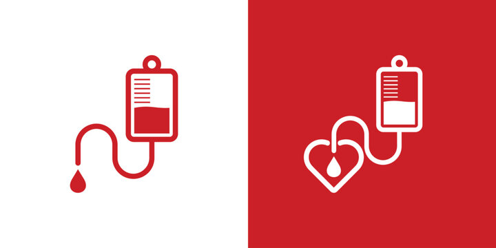 Blood donation concept with blood bag and heart shape.