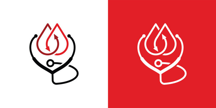 Blood donation logo with stethoscope and blood drops on red background.
