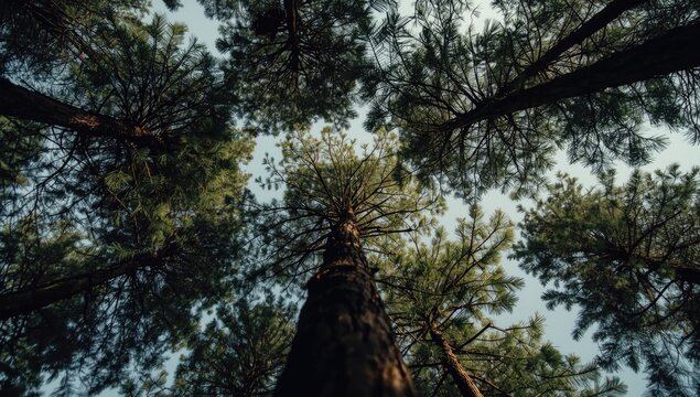 Low viewpoint emphasizing the height and greenery of pine trees