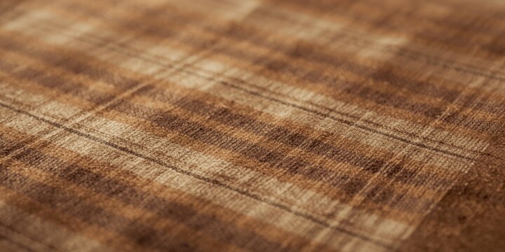 Textured close shot of brown tartan textile with rectangular beige and wood color blocks and parallel linear details