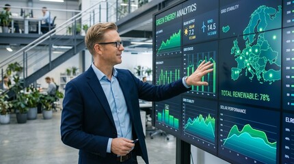 Fototapeta premium Man in Suit Analyzing Data Visualization on Large Screen Indoors