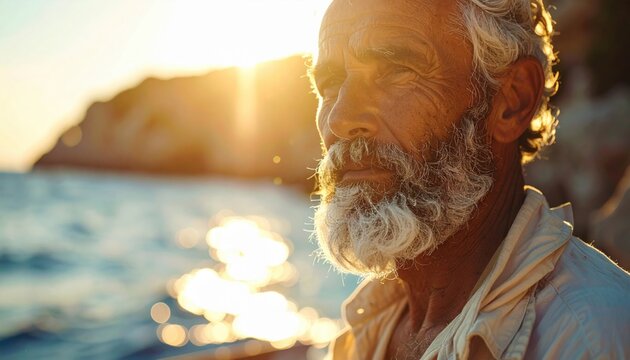 Elderly man with weathered beard bathed in warm sunlight, gazing thoughtfully over the ocean at sunset