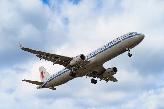 Fukuoka Japan - 2019 02 14: An Air China Airbus A321 on approach to Fukuoka Airport against a cloudy sky.
