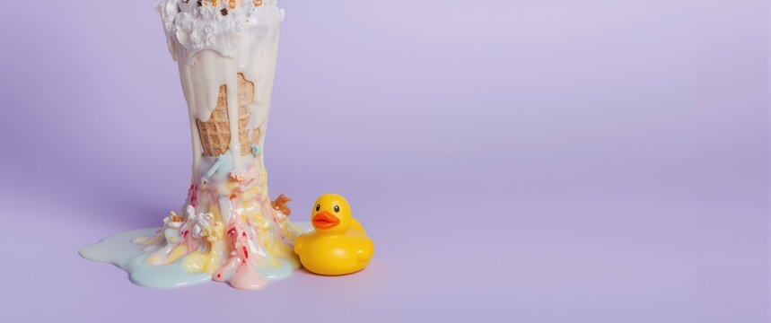 Playful summer display highlighting a melting ice cream cone turned upside down and a rubber duck toy on lavender background