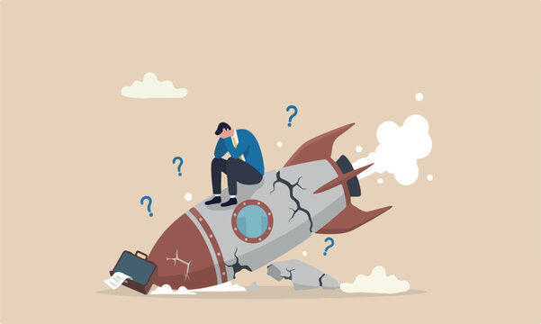Fail The teams flat design with clean lines and minimal shading crash launching space rocket metaphor of new business failure