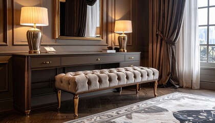 Naklejka premium Elegant tufted velvet bench with ornate legs in a luxurious bedroom setting