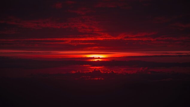 Red sunset over cloudy horizon