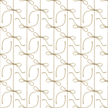 Seamless pattern with rope and a bow tied from it on a isolated background . Watercolor rustic twine ornament for holiday gift wrapping paper, parcel packaging design, maritime textiles, scrapbooking