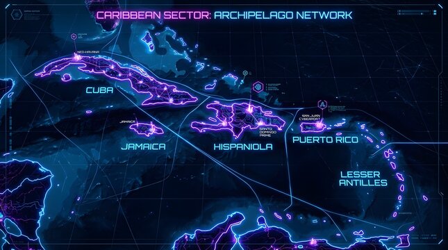 Futuristic Digital Map of Caribbean Islands with Neon Highlights