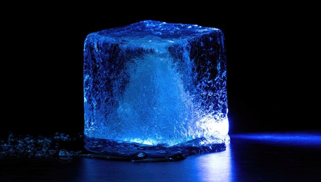 Glowing blue ice cube with internal swirl on dark surface