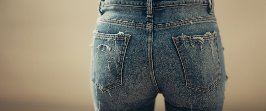 Worn out denim jeans with frayed fabric on backside