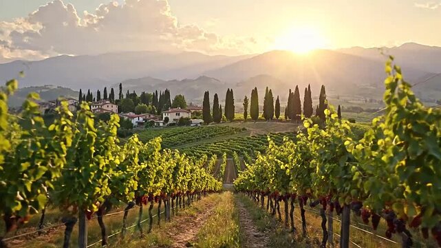 A scenic view of a lush vineyard at a golden sunset