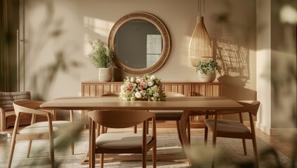 Obraz premium Modern dining room featuring beige decor wooden table chairs floral centerpiece and rattan accent pieces