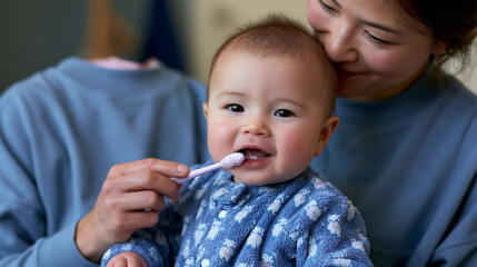 Fototapeta premium baby being fed with spoon by mother at home, infant nutrition meal care family lifestyle concept