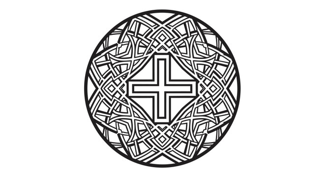 Intricate circular geometric design featuring a central cross symbol with interlaced knotwork patterns.