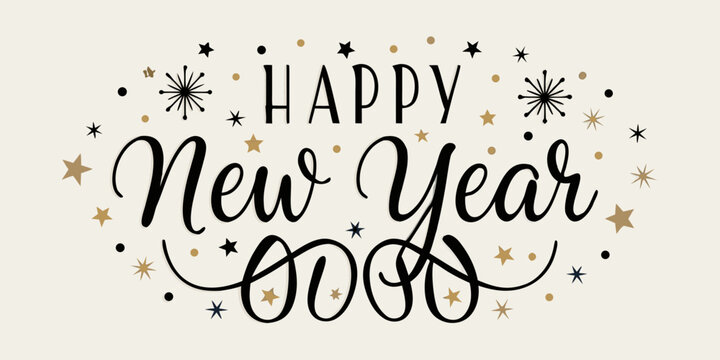New year lettering with stars and flourishes vector illustration