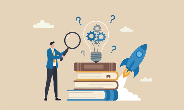 Product developmen management or productivity concept, businessman with magnifier with lightbulb idea with cog wheels