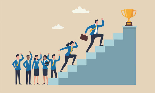 Business competition with clean lines and minimal shading. teams together businessman and businesswoman walk stair compete trophy