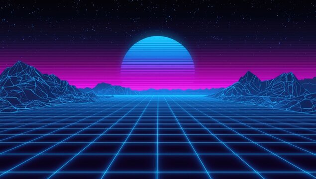 Retro futuristic landscape with mountains and grid under a blue sun