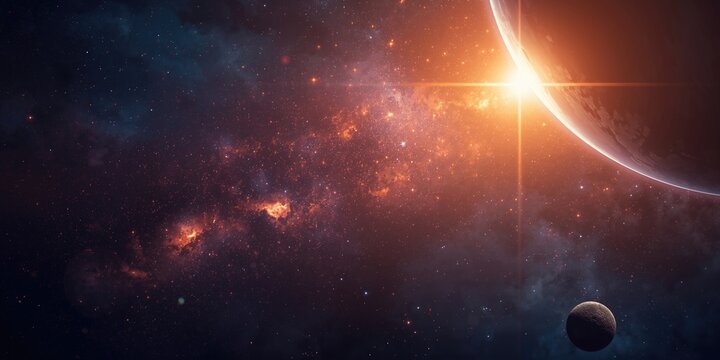 Space template featuring bright planets a rocket and sparkling stars